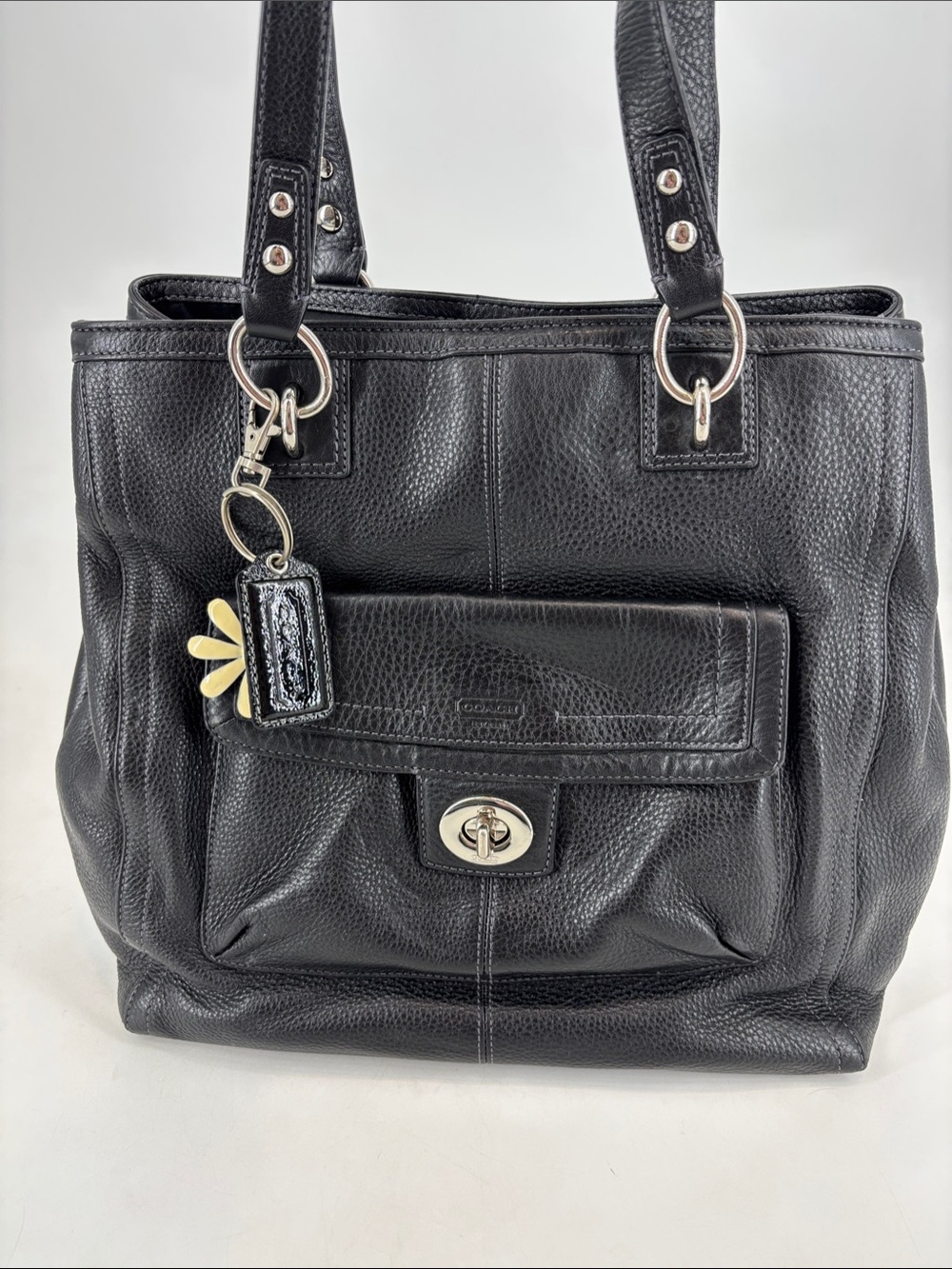 Coach Penelope Black Pebbled Leather Shoulder Tote with Daisy Charm‎